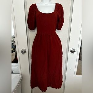 Little Cottonwood midi dress maroon puff sleeve